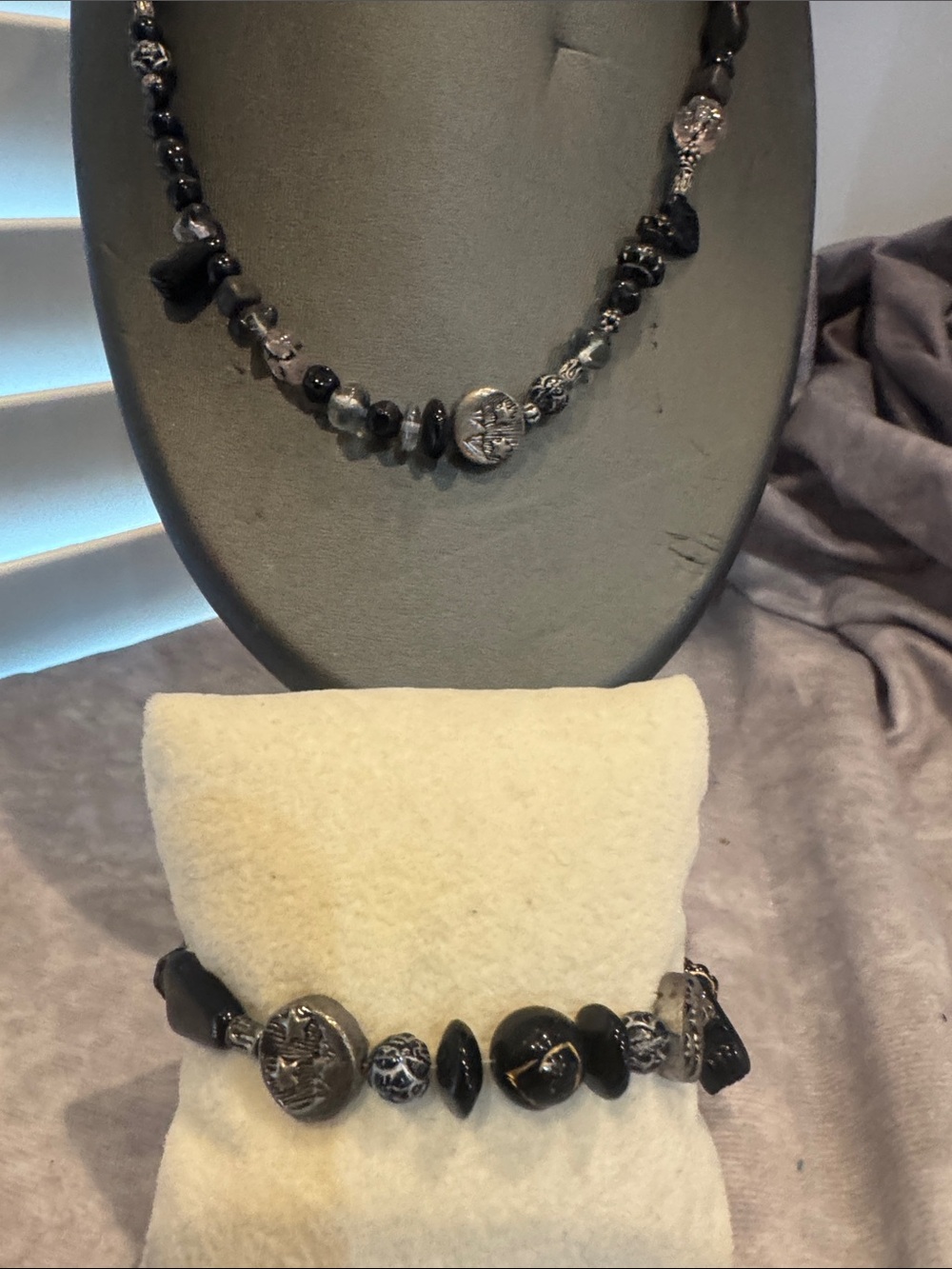 Handmade Jet Onyx Black Agate Sterling  Sun &Moon Bead Necklace and Bracelet Set
